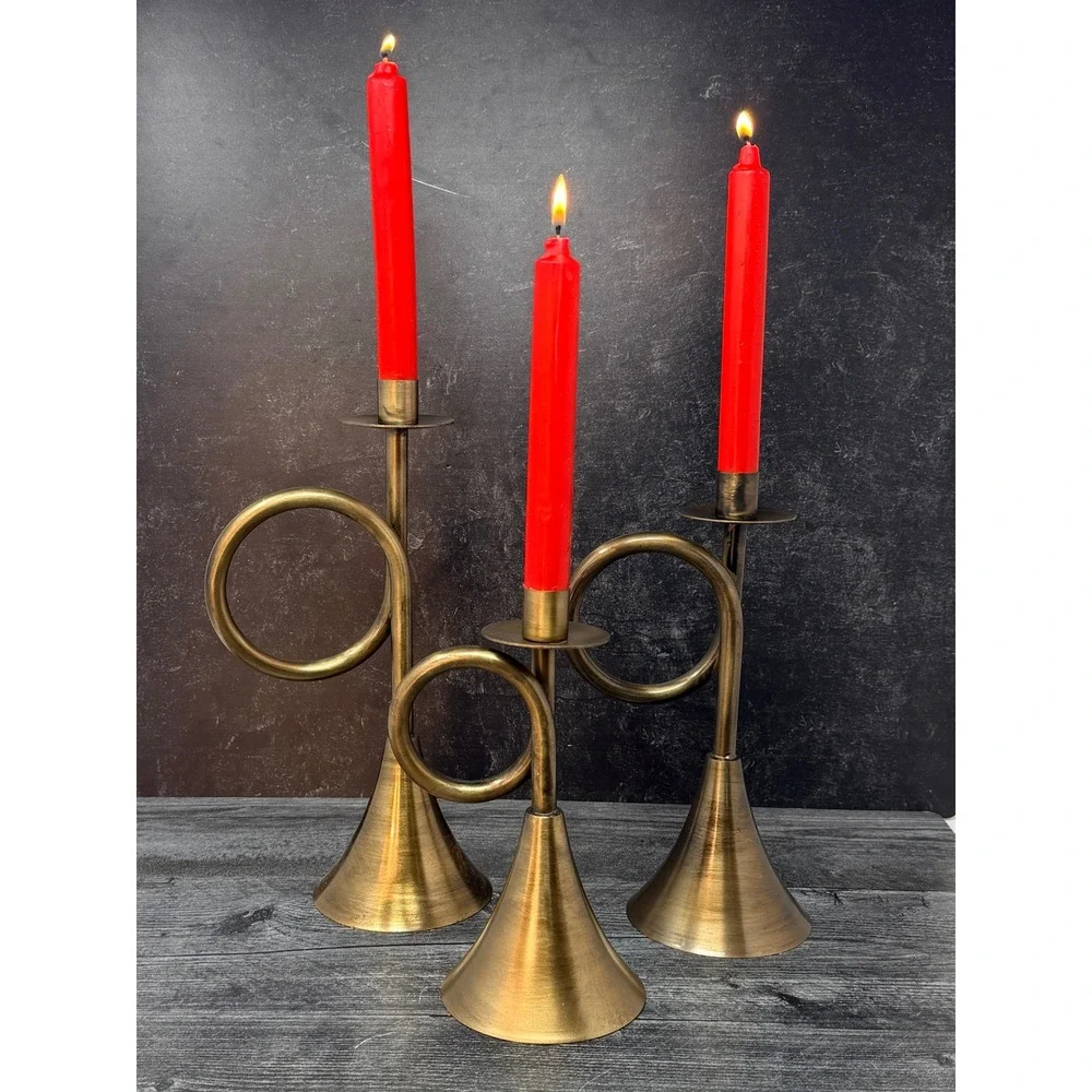 Antique Brass French Horn Taper Candle Holder Set 3 Vintage Style Candlesticks